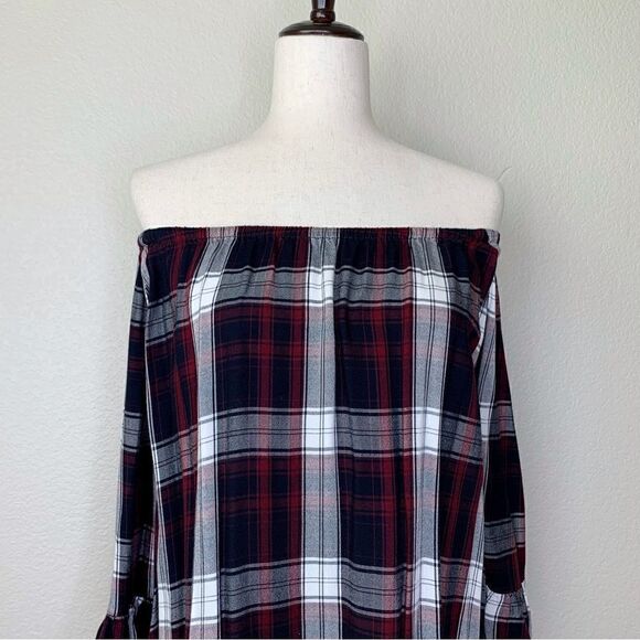 For the Republic Plaid Off Shoulder Bell Sleeves Peplum Top - Picture 2 of 11